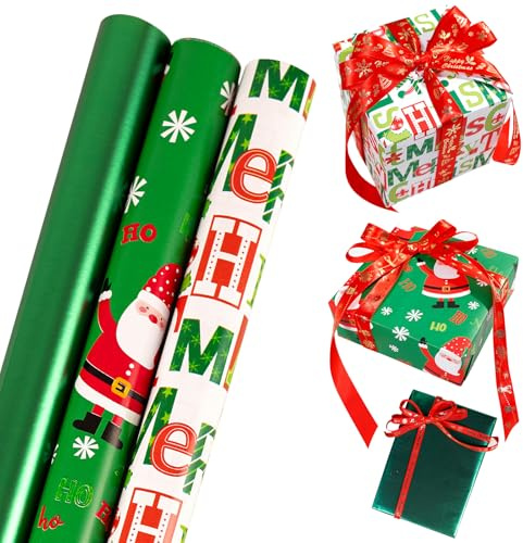 Weihnachts-Geschenkpapierrollen, 43 cm × 3 m, 3 Rollen, Weihnachtsgeschenkpapier, Weihnachtsfeier mit Weihnachtsmann, Frohe Weihnachten, grüne Kraftpapierrolle, Dekoration