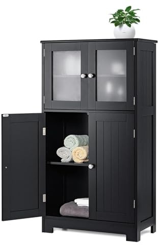MAT EXPERT Bathroom Cabinet Storage w/Frosted Tempered Glass Doors & 3 Level Adjustable Shelf, Freestanding Wooden Floor Cabinet for Kitchen, Entryway, Living Room (Black)