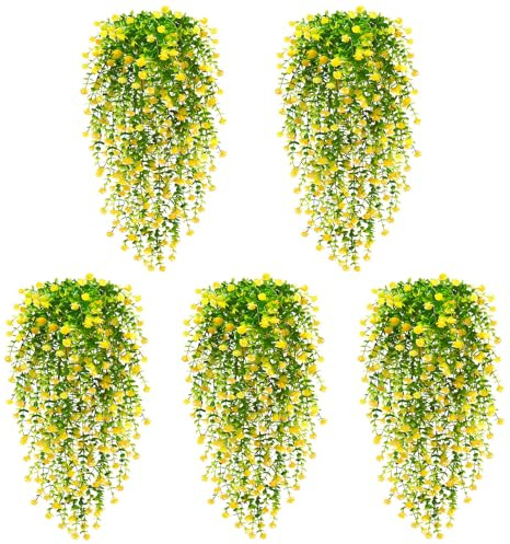 AGSYFFD Artificial Hanging Flowers, UV-Resistant for Outdoor Patio (Yellow) | 5-piece artificial flowers, fade-proof for year-round garden display, ideal for wall planters and wedding arches