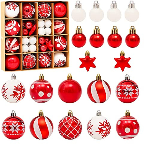 42 Stück Weihnachtskugeln Kunststoff, 3/6CM Weihnachtsdeko Christbaumkugeln Set Weihnachtsbaumschmuck mit Aufhänger Bruchsicher Christmas Bälle Dekorationen für Weihnachts Party (Rot+Weiß)