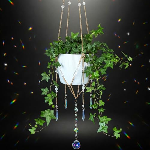 Sun Catcher Plant Hanger with Beads and Glass Crystal Ball Suncatcher | Large Beaded Plant Hanger. Plant Accessories for Indoor Plants. Home Decor for Plant Lovers. (Pots/Plants Not Included)