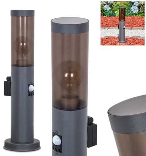 HOFSTEIN Sockelleuchte Sessa, Außenwegeleuchte mit Bewegungsmelder u. Steckdose aus Metall/Kunststoff in Anthrazit/Rauch oder Weiß, moderne Wegeleuchte für Garten, Außenbereich, Hof, 45,5cm, E27, IP44