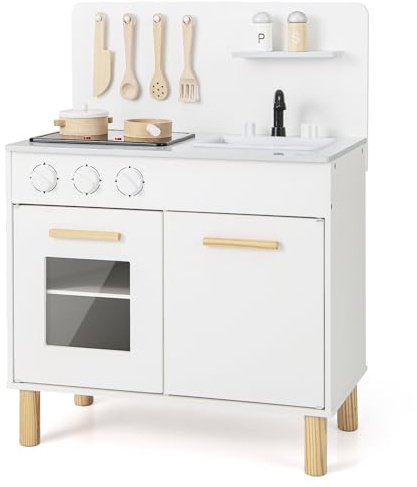 DREAMADE Kinderküche Holz mit 10 TLG. Zubehör, Kinder Küche mit Waschbecken Herd Backoffen, Mini Holzküche, Spielküche mit Licht und Geräuschen für Kleinkinder ab 3 Jahren (Weiß)