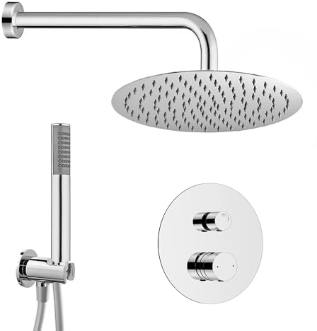 Set doccia incasso cromo con braccio 40 e soffione 30 cm, kit doccia con doccino in ottone, presa acqua e supporto, GEMINI