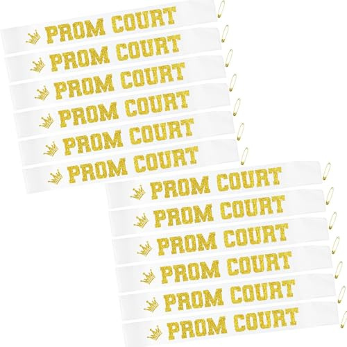 12PCS Prom Court Sash Glitter Letter for High School Dance Homecoming Party School Prom King Queen Royalty Graduation Party White Gold