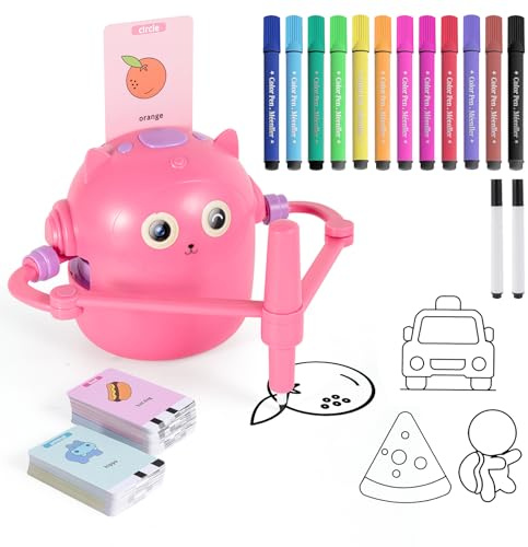 LTFIOON Drawing Robot, Robot de Dibujo para Niños con 100 Tarjetas, Robots de Pintura, Juguete Educativo Interactivo Robots de Dibujo Mágico para Niños&Niñas (Rosa)