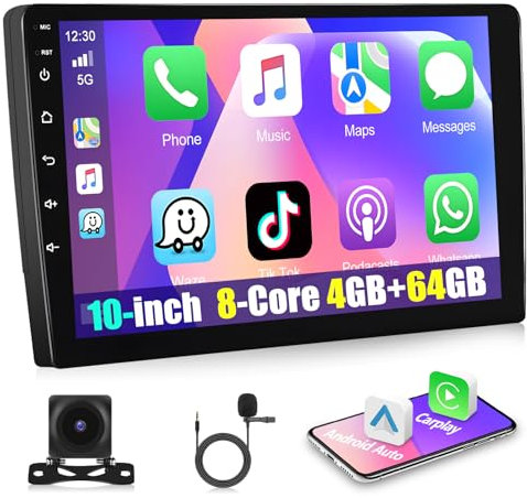 Autorradio para Coche Motorsi de 8 Núcleos con Android 1,8 GHz iOS CarPlay 2 DIN 4+64G Pantalla Táctil IPS de 10'' Estéreo GPS Bluetooth 5.1 DSP Compatible con Dab+,Cámara de Visión Trasera AHD y Mic