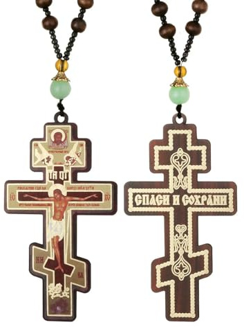 HCAXKFMMXU Orthodoxe Holzperlenkette, Halskette, christliches Kruzifix, Jesus Christus, Kreuz-Symbole, Anhänger, Halskette, Auto-Schmuck
