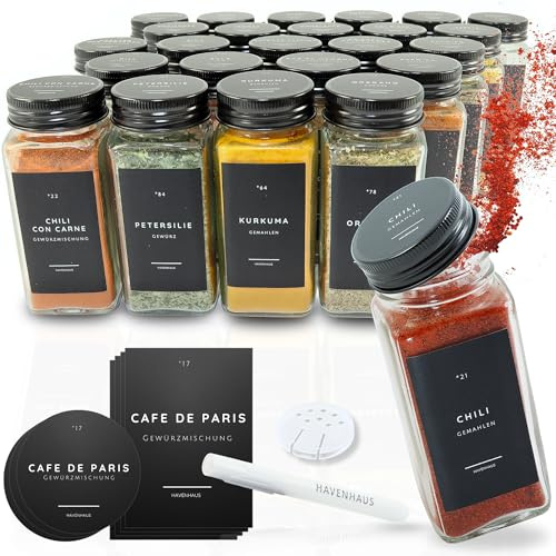 HAVENHAUS Gewürzgläser Set | hochwertiges Komplettset aus 24x Gewürz Gläser [120ml] inkl. 336 deutschen Gewürzetiketten | Gewürzgläser mit Streueinsatz modernes Etikettendesign |Gewürz Organizer Küche