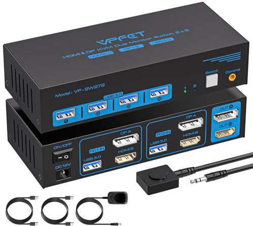 HDMI Displayport KVM Switch 2 Monitors 2 Computers 4K@60Hz DP KVM Switcher Dual Monitor for 2 Computers Share 2 Screens and 4 USB 3.0 Ports Support Extended/Copy Mode with Desktop Controller