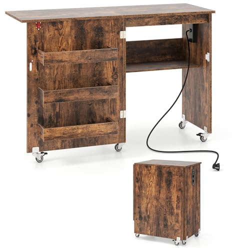 COSTWAY Mobile per Macchina da Cucire Pieghevole, Tavolo da Cucito con Stazione di Ricarica, Ruote Bloccabili, Ripiano e Contenitori (Marrone, 116 x 41 x 78 cm)