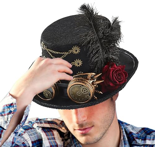 Generico Steampunk-Hut - Steampunk Kopfbedeckung mit Schutzgläsern, verstellbarer Filzhut für zirkensische Shows und Renaissance-Märkte