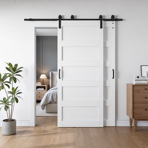 SmartStandard 36x84 Inch White Double Barn Door Set – 5-Panel MDF Sliding Doors with 6FT Bypass Barn Door Hardware Kit, Space-Saving Design, Easy Installation (Pre-Drilled Holes)