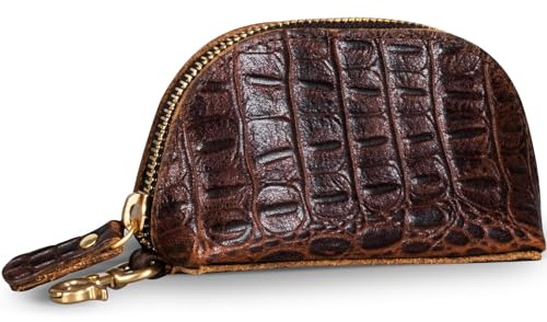 Gexmil Echtleder Münzbeutel mit Reißverschluss, Mini Münztasche | Echtes Leder, Geldbörse aus Vollrindleder, Kreditkartenetui leichtgewichtig für Damen & Herren,Krokodilbraun