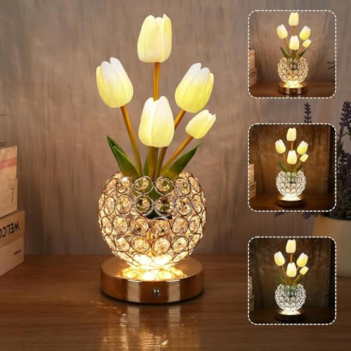 Geburtstagsgeschenke für Frauen Akku Tischlampe, 3-Farbe Kristall Blume Nachttischlampen unendlich Dimmen mit USB-Ladung kleines Nachtlicht, Nachttisch Lampe Touch Lampe für Schlafzimmer (Weiß)