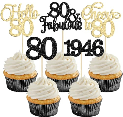 Gyufise 30Pcs 80th Birthday Cupcake Toppers 80 Fabulous Cupcake Picks Cheers to 80 1946 Cake Decorations for Happy 80th Birthday Wedding Anniversary Party Decoration Supplies Gold Black