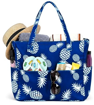 dellyy Damen Große Strandtasche Badetasche XXL, Wasserdicht & Sanddicht, Strandtaschen mit Reißverschluss, Große Kapazität, Mehrere Fächer, Leichte Schultertasche für Strand, Urlaub & Schwimmbad
