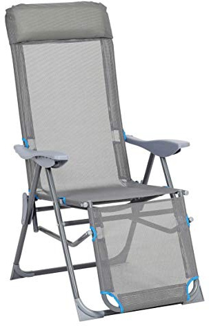 greemotion Klappstuhl Lido Grau/Blau [59 x 190 x 75 cm] - Relaxsessel mit 5-fach verstellbarer Rückenlehne - Liegestuhl mit Aluminium-Gestell -Liegesessel mit Kopfpolster
