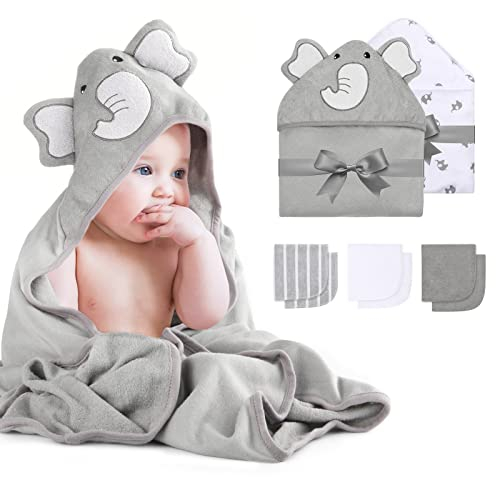 momcozy Baby Bath Towel Set, 8-Piece , 2 x Hooded Towels 76 x 76 cm and 6 x washcloths 24 x 24 cm, with Hood for Newborns, Soft and super Absorbent, Unisex, Polyester, Grau