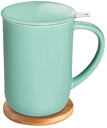 CEEFU Porzellan-Teetasse mit Teesieb und Deckel, Teegeschirr mit Filter und Untersetzer, lose Teetasse Steeper Maker, 473 ml für Tee/Kaffee/Milch/Frauen/Büro/Zuhause/Geschenk (mintgrün)
