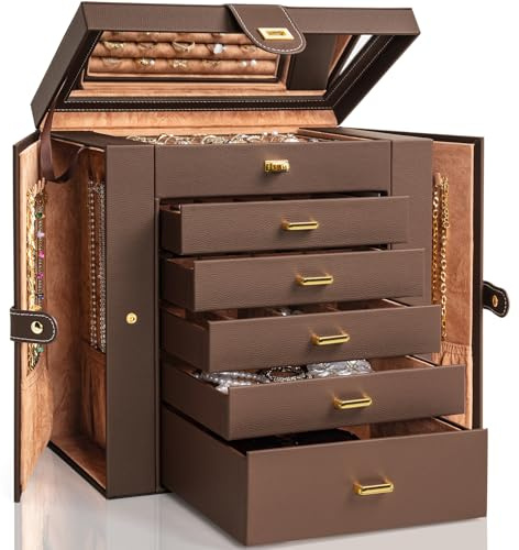 AKOZLIN Extra Large 6-Tier Jewelry Box Organizer with Mirror, 5 Drawers Leather Jewelry Storage Case for Women Girls Ring Necklace Earring Bracelet Brown