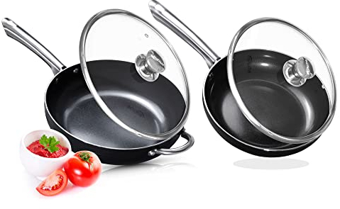 Frying Pan Set Non Stick with lids - 28cm & 24cm - Oven Safe Induction, Gas Electric Ceramic hob Safe