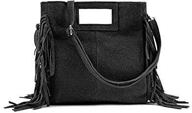 MODELISA - Bolso Bandolera De Mano Con Correa Al Hombro Con Flecos Piel Made In Italy Mujer (Negro)