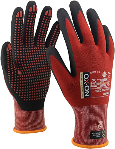 OX-ON Flexible Advanced 1906 Red Work Gloves, Extremely Durable Safety Gloves, Secure & Precise Grip, Protective & Comfortable Nitrile Gloves, Dotted Palm For Extra Grip, Sanitised - 6pairs,Size 10/XL