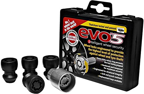 BITS4REASONS - NUOVO MODELLO E TECH EVO5 COMPATIBILE CON FORD O/E (POST-2012 MODELLI) MK5 QUALITÀ ANTIFURTO BLOCCO DADO RUOTA SET (4 DADI E CHIAVE) N M12 x 1.5 19X 60° - NERO 070/5