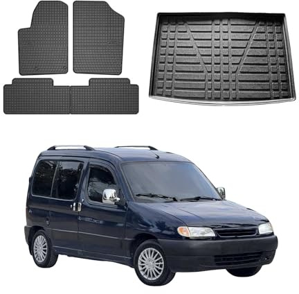 OMAC Fußmatten & Kofferraumwanne Set kompatibel mit Citroen Berlingo 1996-2009 Gummi Schwarz 5X