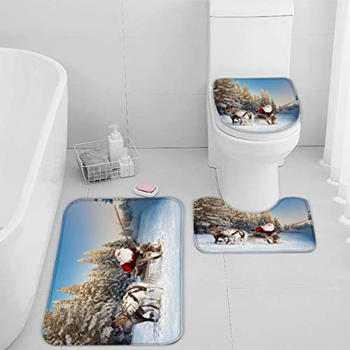 Badematten Set 3 teilig 50x80 Weihnachten Badezimmerteppich Set 3D WC Vorleger Set rutschfeste Badematte Maschinenwaschbar Weihnachtsmann Rentier Karikatur Badteppich Set für Badezimmer badvorleger
