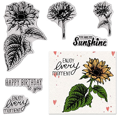 ABTOLS Sunflower Clear Stamps for Card Making, Happy Birthday Words Clear Rubber Stamps Flower Silicone Reusable Stamp for DIY Scrapbooking Paper Craft Album Decoration
