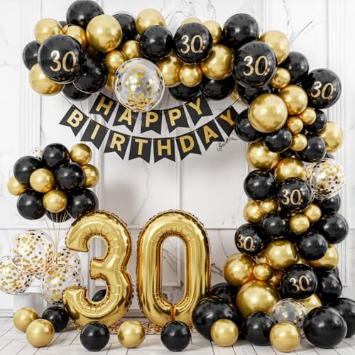 envami® 30 Geburtstag Deko I Gold Schwarz I Für Männer & Frauen I 30. Geburtstag Frauen I Deko 30 Mann I Geburtstagsdeko 30 I 30er I Luftballon 30 Luftballon Zahl Luftballons