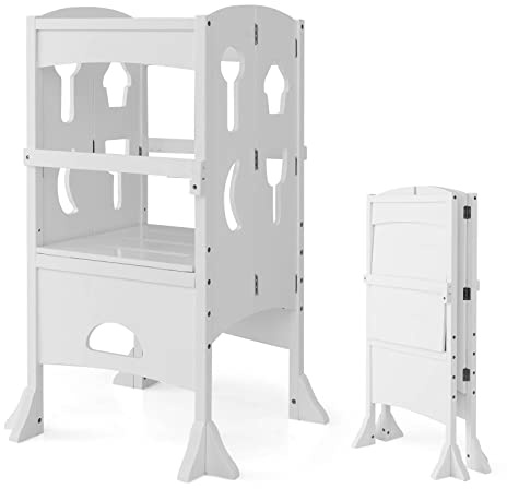 Maxmass Folding Kids Step Stool, Wooden Standing Tower with Height-Adjustable Platform, 4-Sided Guardrails & Safety Latches, Toddlers Kitchen Helper for Bathroom, Dining Room (White)