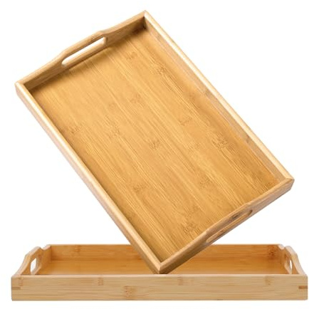 Yvttve Rektangulär träbricka, uppsättning med 2 stora och små serveringsbrickor i bambu (42 x 32 cm, 38 x 25 cm)