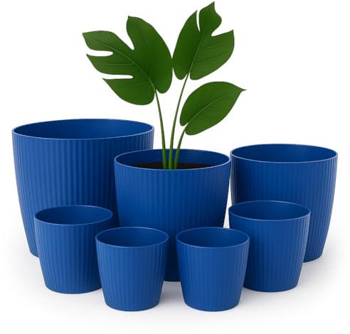Home Garden Ornaments Plant Pots Indoor Set of 7 (14,14cm,16,16cm,18,18cm,22cm)-Indoor Plant Pot of Striped Decorative Flower Pot – (Colour Navy Blue)