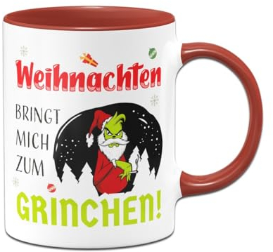 Tassenbrennerei Grinch Tasse - Weihnachten bringt mich zum Grinchen! - Weihnachtstasse mit Spruch lustig - Kaffeetasse, Bürotasse (Rot)