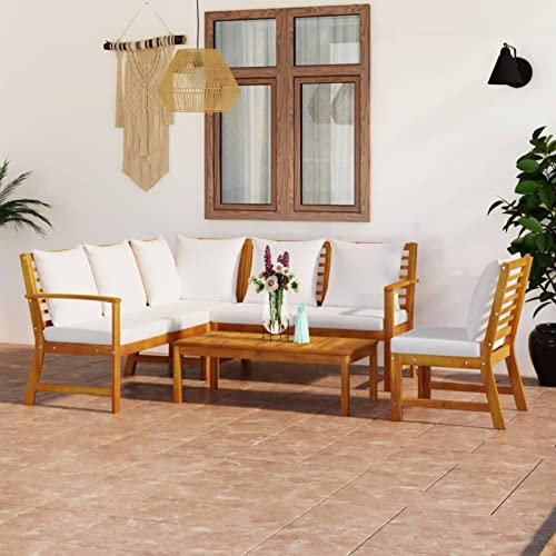 GuyAna 5-TLG. Garten-Lounge-Set mit Auflagen Creme Massivholz Akazie Chaiselongue GartenmöBel Set GüNstig