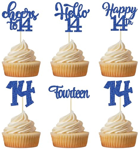 30 adornos para cupcakes de 14 cumpleaños Hello 14 púas para cupcakes, catorce saludos a 14 años, decoraciones de tartas para 14 cumpleaños, aniversario, suministros de fiesta, purpurina azul profundo