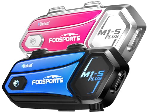 Fodsports M1-S Plus Interfono Moto, Auricolare Casco Bluetooth Coppia con Condivisione Musica, Sistema di Comunicazione Casco Fino a 10 Persone, V2.0 Interfono Casco con Audio Multitasking Cablato