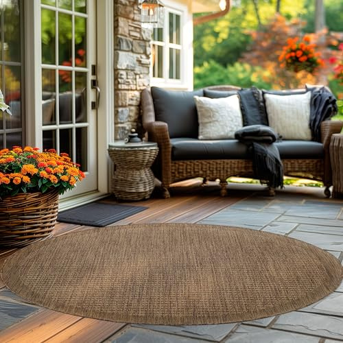 Carpettex Alfombra Exterior Interior Resistente a la Intemperie, Impermeable 200 cm Redonda Marrón - Alfombra de Cocina de Tejido Plano, Unicolor - Alfombras Exterior para Jardín, Balcón y Terraza