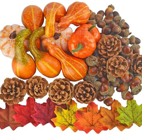 XUBX 166Pcs Calabaza Artificial Decoraciones de Otoño Set, Hojas de Arce Bellotas Piñones Calabazas, Halloween Calabaza Decoraciones Otoño Mini Calabazas con Hoja de Arce