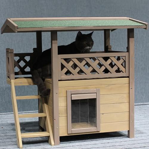 Katzenhaus für Draußen Wetterfest, Katzenhaus für Wildkatzen im Freien, Hasenhaus, 2-stöckiges Katzenhaus aus Holz, mit Treppe, für Kleine Haustiere(96x63x90cm)