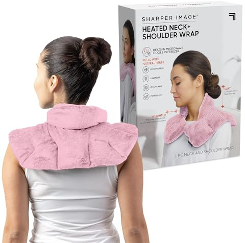 Sharper Image Heated Neck & Shoulder Wrap - Microwavable Warm & Cooling Plush Pad, Scented Aromatherapy (100% Natural Lavender & Herb Spa Blend), Pain Tension Headache Relief Therapy, Gift for Women