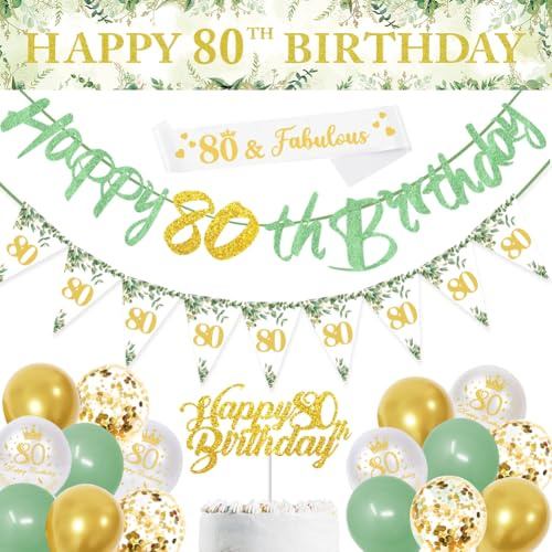 Happy 80th Birthday Decorations Banners Balloon for Women Sage green | Banner, Triangle Flag, Confetti Balloons
