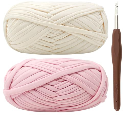 T-shirt-garn för virkning 2 x 100 g tjockt virkgarn med 6 mm virknål, perfekt för virkningsprojekt – nybörjare – elastiskt tyg för gör-det-själv-hantverk (rosa)