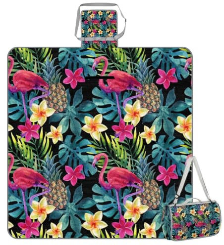 Mularoka Picknickdecke mit Flamingo-Motiv, wasserdicht, sanddicht, faltbar, Stranddecke, 150 x 145 cm, extra groß, tragbar, waschbar, Outdoor-Matte für Camping, Park, Gras, Wandern, Reisen