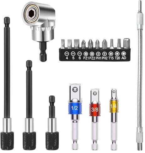 Guyuyii Flexibles Bohrerverlängerungsset - 105° rechtwinkliger Bohreraufsatz, biegbare Verlängerung, 1/4 3/8 1/2 Zoll Universal-Stecknuss-Adapter-Set, magnetische Bohrer-Bithalter, 10-teiliges