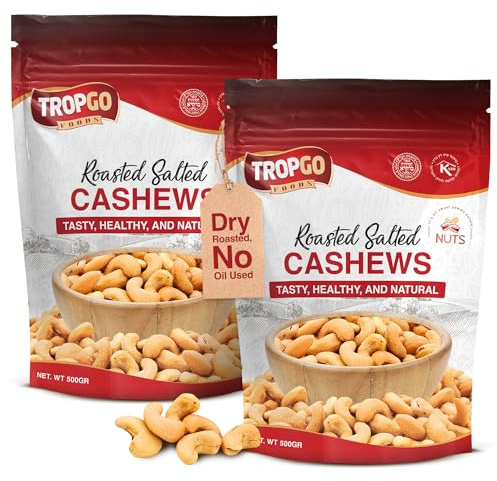 Tropgo Roasted Cashew Nuts 2 × 500g (1KG) - Dry Roasted, No Oil Used, Lightly Salted Cashew Nuts with Fibre, Protein and Minerals, Perfect for Snacking - Kosher Approved Cashews - Bulk Buy Nuts