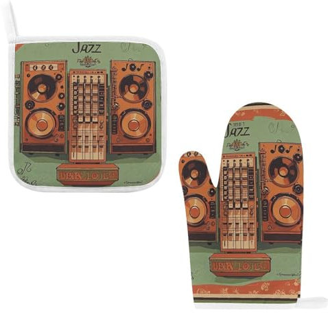 Kitchen Glove High Heat Resistant Jazz Music Equipment with Vintage Background Printed Oven Mitts and Pot Holders Sets Cooking Pads for Cooking Grilling Baking 11 * 5.7 Inches